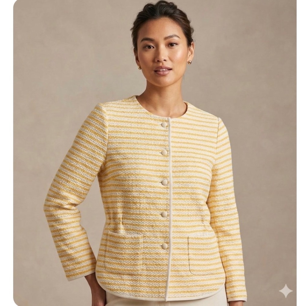 ODEEH Yellow White Striped Textured Knit Collarless Jacket Blazer Cottage Office